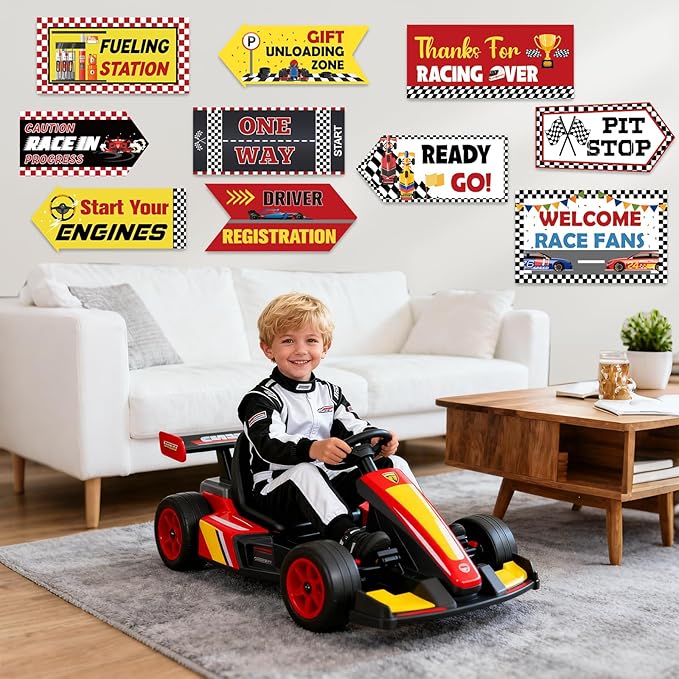 Race Car Birthday Party Decorations Race Car Hanging Banner Triangle Flag Welcome Race Fans Porch Yard Signs Decoration for Let's Go Racing Party Supplies Birthday Backdrop Photo Props Outdoor Decor