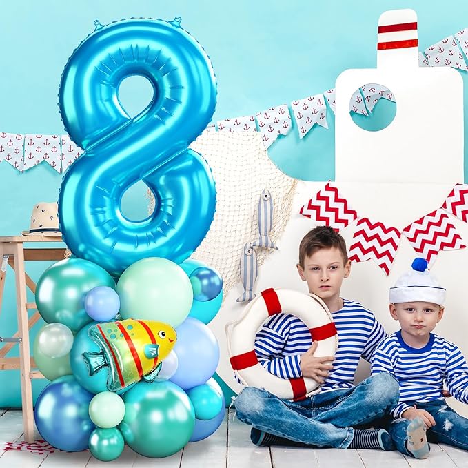 40 Inch Blue Number 8 Balloon Ocean Under the Sea Number Eight Foil Balloons Tower with Shark Bubble Fish for Boys 8th Birthday Party Decor Blue Green Underwater Digital Aluminum Balloons Stack