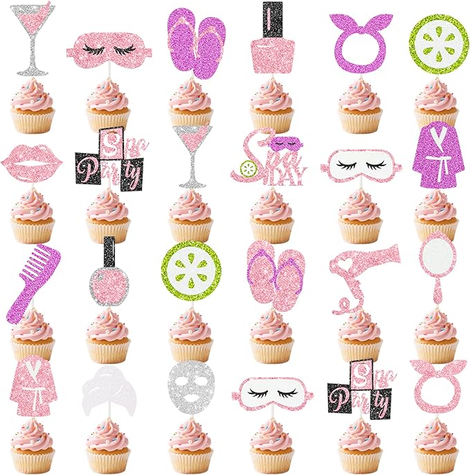 Spa Cupcake Topper Glitter Makeup Themed Birthday Cupcake Decorations 24Pcs Spa Party Cupcake Picks Spa Day Mask Slumber Cake Decor for Makeover Mask Sleepover Birthday Party Supplies