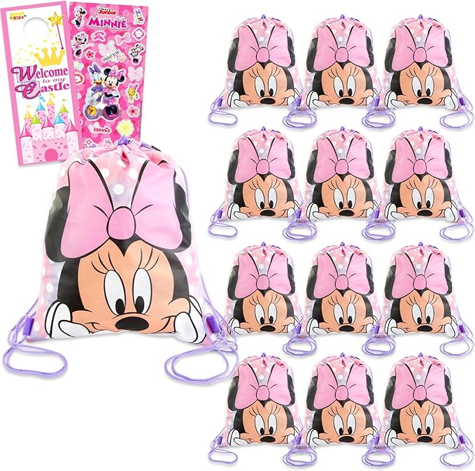 Disney Minnie Mouse Party Favor Bags Set - Bundle with 12 Minnie Drawstring Bags for Kids Plus Stickers, More Birthday Party Supplies Pack