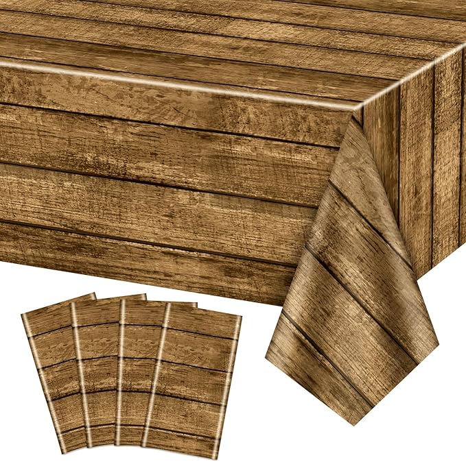 4 Pack Western Tablecloths, 54x87'' Plastic Disposable Wild West Wooden House Barn Door Table Covers for Western Themed Party Kids Birthday Party Decorations