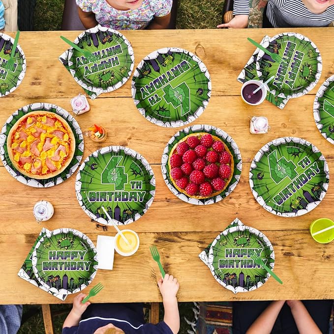 96Pcs Green Hero 4th Birthday Party Supplies Super Green Hero 4th Birthday Plates and Napkins Cityscape Super Bang Cartoon Movie Tableware Set for Kid 4 Year Old Party Supplies，Serves 24