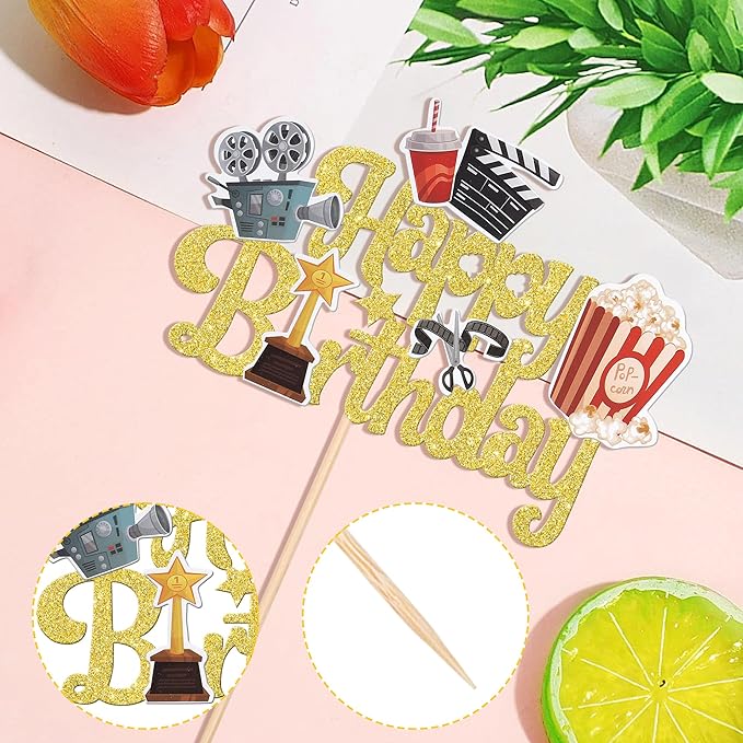 1 PCS Movie Happy Birthday Cake Topper Glitter Roll Camera Video Recorder Popcorn Movie Night Cake Pick for Hollywood Theme Film Festival Baby Shower Birthday Party Cake Decorations Supplies Gold