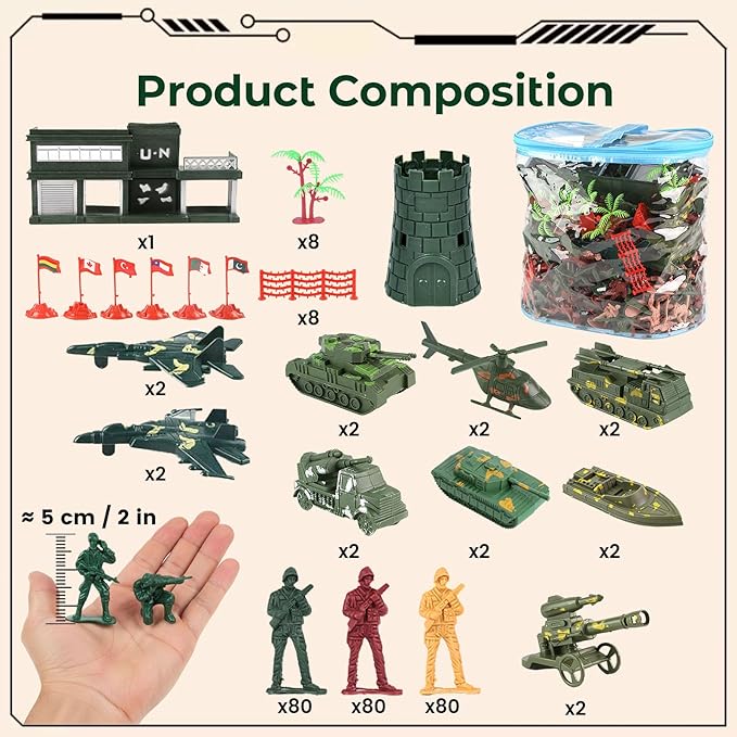 3 otters 307 Piece Army Men Military Set, Military Battle Toy Set Play Figure Playsets for Kids Boys, Plastic Soldiers with Vehicles & Accessories, for Grandkids, with Storage Container