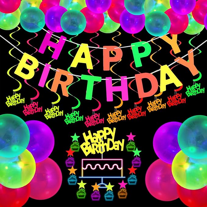 Glow Neon Party Supplies Set Glow in the Dark Happy Birthday Banner with UV Black Light Reactive Cake Topper Swirls Neon Fluorescent Latex Balloons Stars for Birthday Party