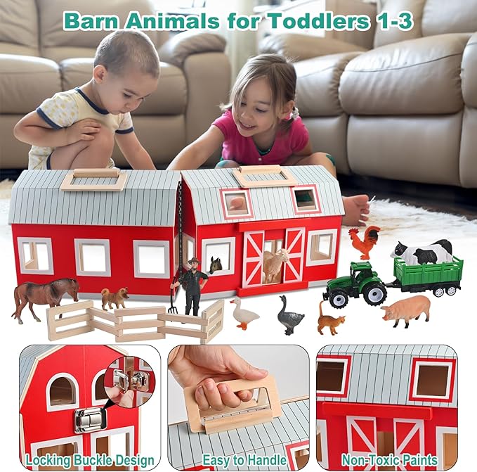 Wooden Barn Toys, Play Barn with 12 Animal Play Figures for 3+ Years Old, Toy Barn and Farm Animals，Wooden Barn Playset for Christmas Birthday Gift for Boys Girls
