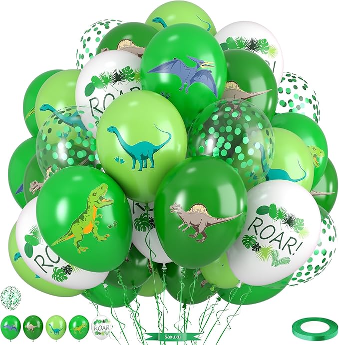 Dinosaur Balloons, 12 Inch Fruit Lime Dark Green White Confetti Balloons with Dinosaur Printed Pattern for Boys Jungle Theme Birthday Party Safari Woodland Baby Shower Decorations