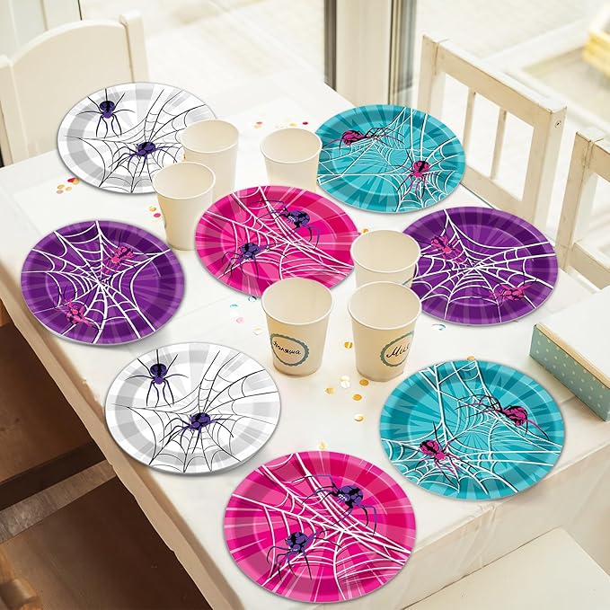 60Pcs 7'' Pink Spider Party Supplies Super Theme Hero Dessert Plates Decorations Spiderweb Disposable Paper Plates Pink Ghost Spiders Tableware for Girl Women Hero Party Favors Birthday