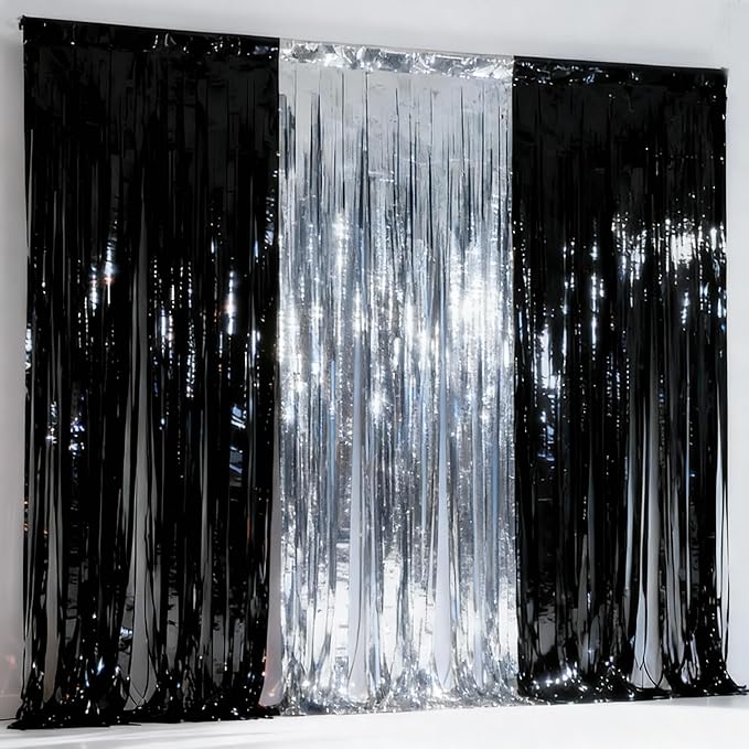 3 Packs Black and Silver Foil Fringe Curtains, Birthday Decorations Backdrop Graduation Tinsel Steamer, Retirement Farewell Engagement Wedding Bridal Shower Party Decorations