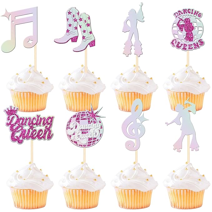24 PCS Dancing Queen Cupcake Toppers Glitter Music Note Singer Dancer Cupcake Picks Vintage 70s Disco Dancing Cake Decorations for Disco Ball Music Theme Wedding Birthday Party Supplies Rose Red