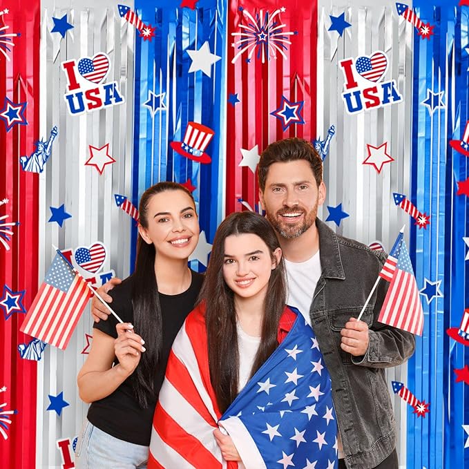 Red White Blue Decorations 2 Pack 3.3 x 6.6 Ft Red White Blue Tinsel Foil Fringe Curtains America Star Firework Streamer Backdrop Photo Prop for Patriotic Independence Memorial Labor Day