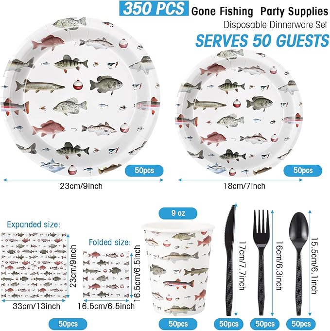 350 Pcs Fishing Party Supplies Tableware Set Disposable 9'' 7'' Paper Plates 9 oz Cups Cutlery Napkins Dinnerware Set for 1st Birthday, Serve 50 (Fishing Birthday, White, Red)