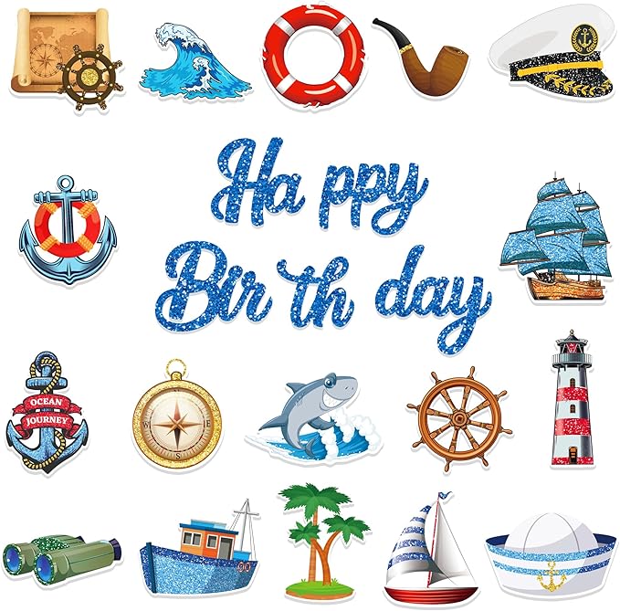 CC HOME 3Pcs Sailing Navigation Happy Birthday Banner Pirate Navy Party Hanging Banner Career Theme Birthday Bridal Wedding Baby Shower Boys Girls Kids Home Classroom Party Supplies Decorations
