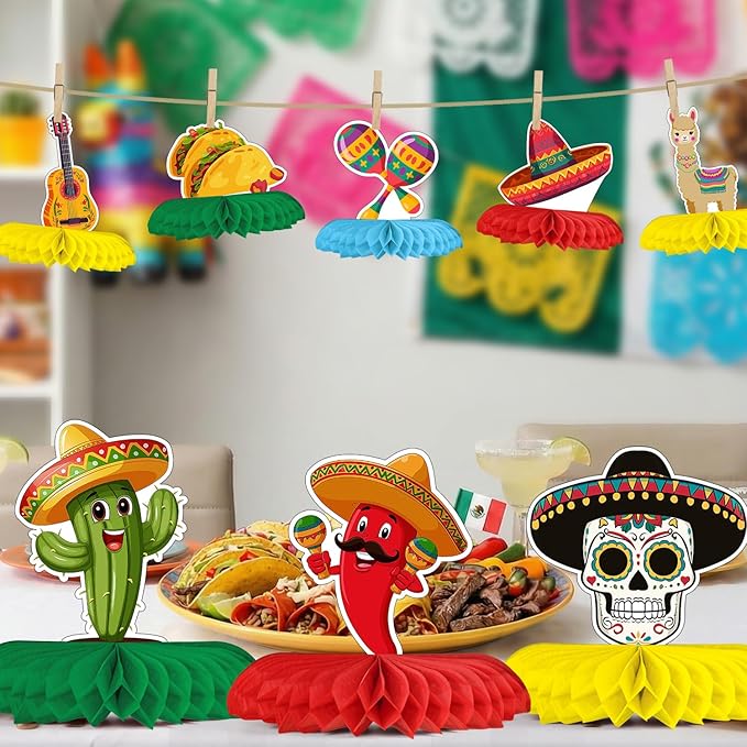 Horaldaily 10PCS Mexican Fiesta Party Table Decoration Centerpieces, Cinco De Mayo Taco Twosday Honeycomb Centerpieces Table Toppers for Home Classroom School Boys Girls Baby Shower Birthday Supplies