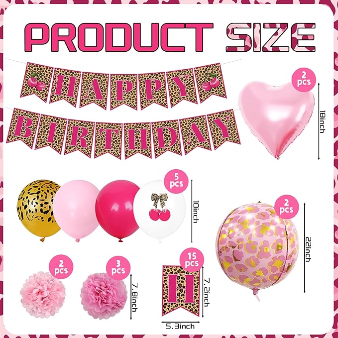 Pink Cheetah Print Birthday Decorations Leopard Foil Cherry Print Balloons Happy Birthday Banner with Heart Balloons for Women Baby Shower Safari Wild Birthday Theme Party Supplies