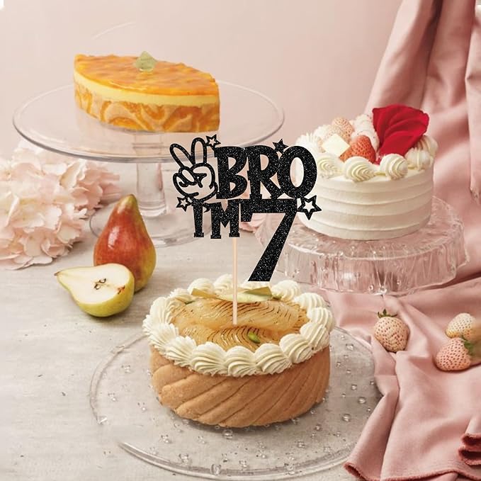 1 PCS Brother I'm 7 Cake Topper Glitter Star Happy 7th Birthday Cake Pick Bro I'm 7 Cake Decoration It's My 7th Birthday Decorations for Boys Cheers to 7 Years Old Birthday Party Supplies Black