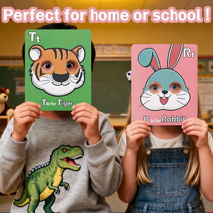 26pcs Alphabet Flash Cards, Giant ABC Mask Cards for Toddlers 1-3 with Animal Faces Uppercase & Lowercase Letter Flashcard Interactive Education Learning Games for Kids Preschool Kindergarten Baby