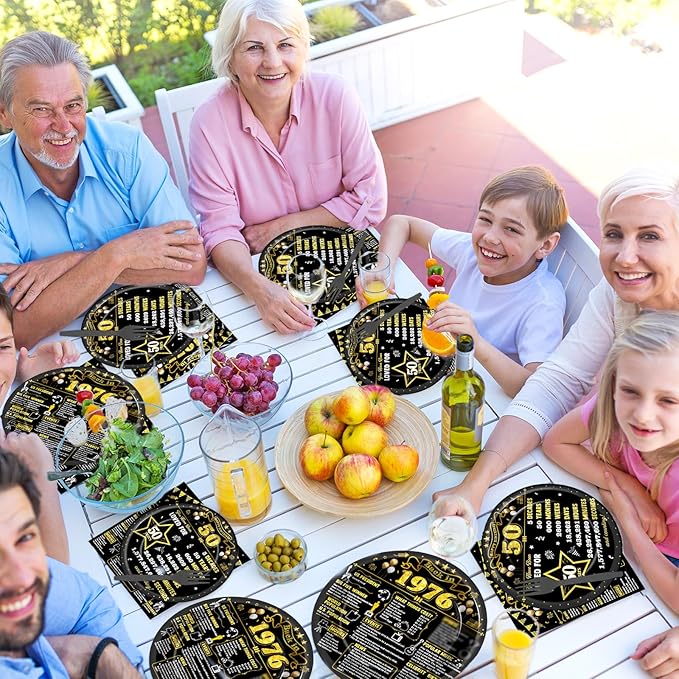 CHUNNIN 96Pcs 50th Birthday Plates and Napkins Back in 1976 Party Decorations Black Gold 50 Year Old Party Dessert Plates 1976 Disposable Tableware for 50th Theme Men Woman Birthday Supplies