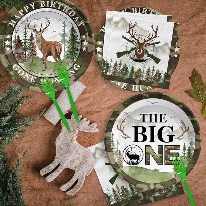 96Pcs The Big One Hunting 1st Birthday Party Decorations The Big One Plates and Napkins Disposable Hunting Camo Tableware Set for Boy Gone Hunting Deer Camo Theme First Birthday Party Supplies Serve24