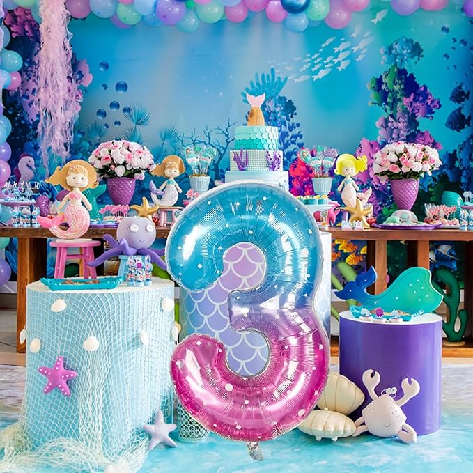 Large Blue Pink Starry 3 Balloons, 40 Inch Giant Mermaid Helium Mylar Foil Globos Numero for Girls, Self Inflating Rainbow 3rd Birthday Balloon for Women Three Anniversary Party Decorations Supplies