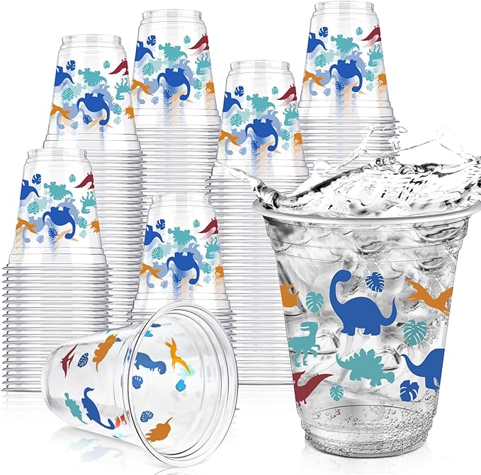 50 Pcs Dinosaur Cups 12 oz Disposable Plastic Cups Dino Tumbler for Dinosaur Birthday Party Supplies Decorations, Multi Color