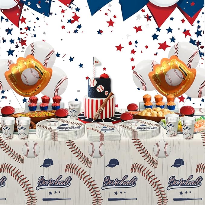 Baseball Party Tablecloth, 2 Pack (54x108in), Disposable Material, Red & Blue, Rectangular, Table Decorations for Birthday, Baby Shower, Sports Themed Events