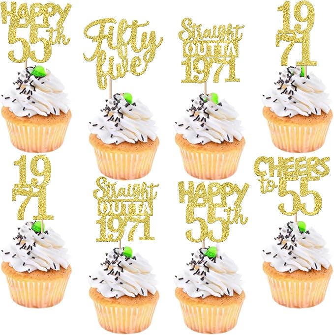 30PCS Straight Outta 1971 Cupcake Toppers Gold Glitter Fifty Five Happy 55th Birthday Cupcake Picks Cheers to 55 Years Cake Decorations for 55th Birthday Anniversary Party Decoration Supplies