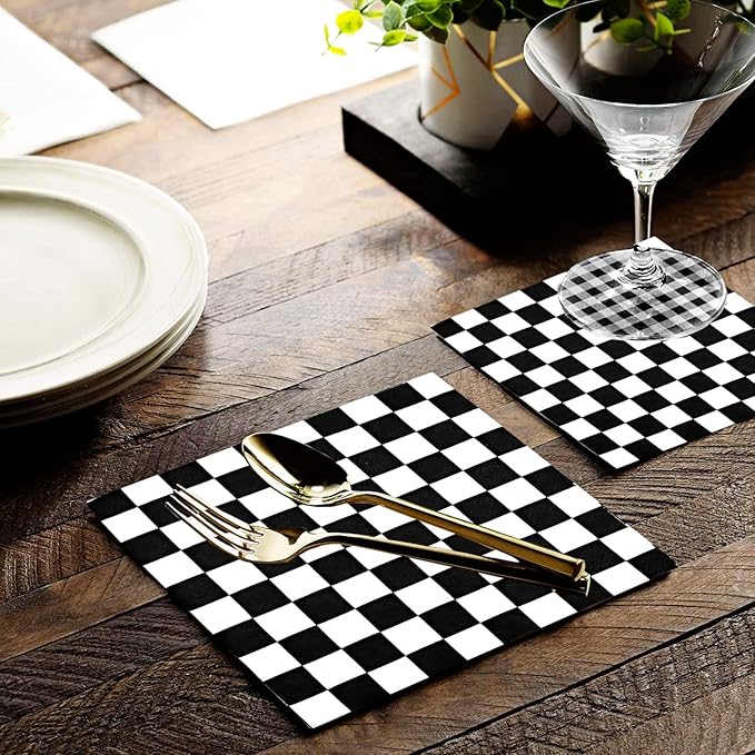 100Pcs Checkered Flag Napkins Race Car Birthday Party Supplies Disposable Racing Black and White Dessert Paper for Baby Shower Themed Decorations Favors Blue (6.5*6.5)