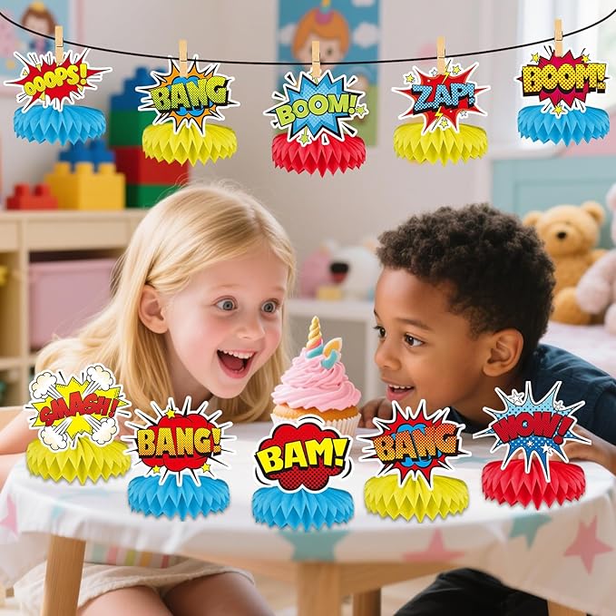 12 Pcs Hero Table Honeycomb Centerpieces, Hero Theme Happy Birthday Party Decorations for Women Men, Fun Action Standing Card Party Decor Party Supplies