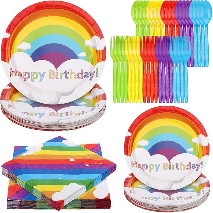 100 Pcs Rainbow Party Supplies Include 7 Inch Rainbow Plates 9 Inch Party Plates Napkins Forks and Spoons for 20 Guests Birthday Party Decorations