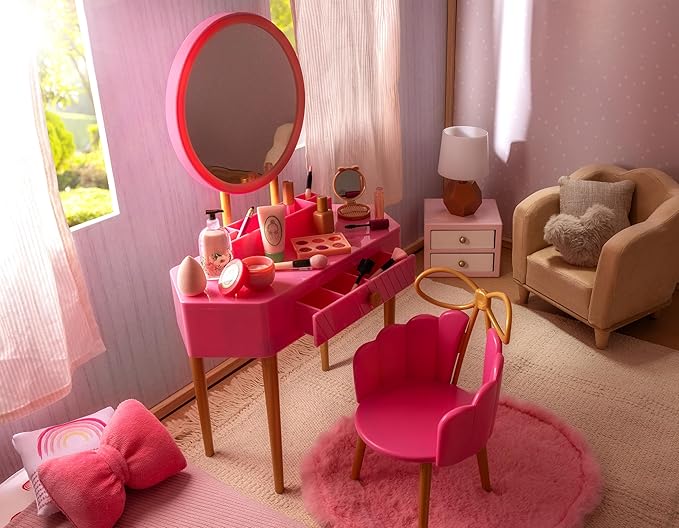 Our Generation - Pink Vanity Table and Chair Set - Makeup & Mirror - 18" Doll Accessories - Imaginative Play - Toys for Kids 3 and Up - Fabulous Play Set of