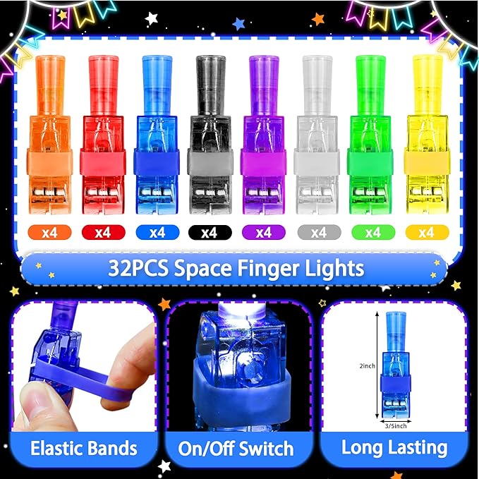 32 Pcs Finger Lights Space Theme Party Favors for Kids, Glow in the Dark Light Up Party Supplies Astronaut Toys Gifts Bulk for Kids 3 4 5 8 Boys Girls Birthday Goodie Bags Stuffers Classroom Prizes