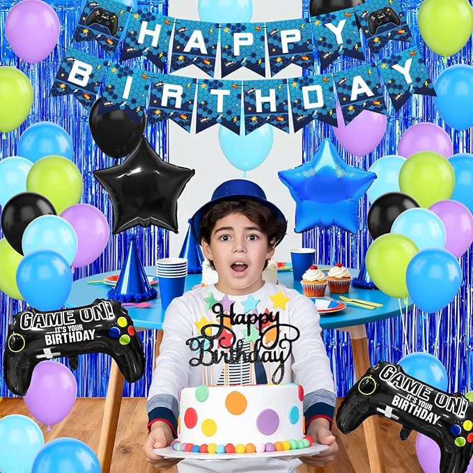 Video Game Theme Party Decorations, Black Blue Purple Green Balloons Happy Birthday Banner Cake Topper Game Foil Balloon Blue Fringe Curtain for Kids Boys Men Birthday Party Decor