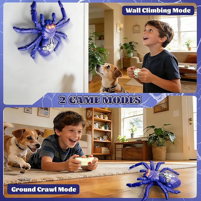 Wall Crawling Spider, Rechargeable Remote Control Robot Toy for Kids with LED Eyes and 360° Stunts, Wall Climbing Funny Prank Toys Birthday Gifts for Boys & Girls Ages 3-5 4-6 7-8 (Blue)