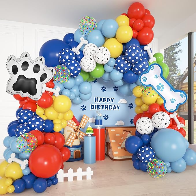 Amandir 155pcs Paw Balloons Garland Arch Kit with Dog Bone Paw Print Foil Balloons, Red Yellow Blue Green Paw Balloon for Boy Paw Themed Birthday Party Decorations Supplies