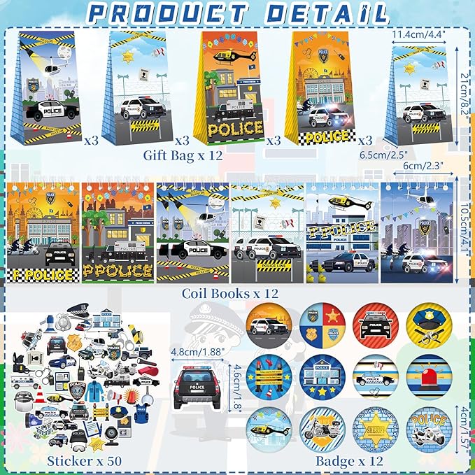 Police Party Favour Supplies including Police Gift Bags, Stickers, Badges, Wristbands for Police Theme Birthday Party
