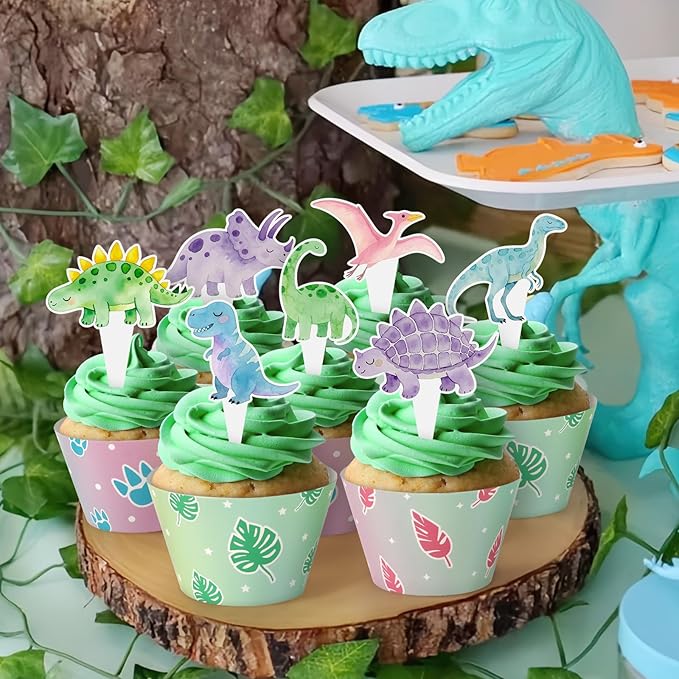 48 Pack Watercolor Dinosaur Cupcake Toppers and Wrappers, Colorful Dinosaur Party Cake Decoration for Dino Theme Birthday Party Baby Shower Supplies