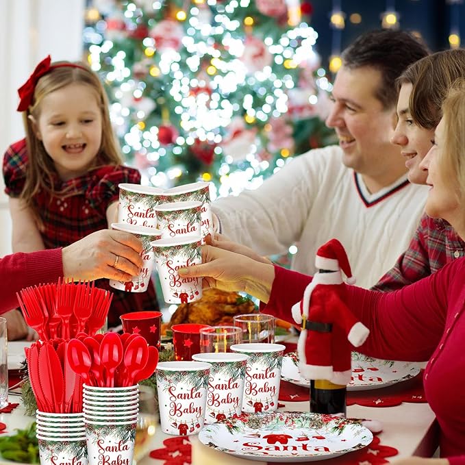 Dandat 350 Pcs Baby Shower Plates Set Serves 50 Tableware Sets Include Plates Napkin Cup Forks Knives Spoons Disposable Dinnerware (Christmas Santa Baby,Red)