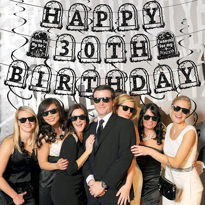 30th Birthday Death to My 20s Party Decorations, Pre-Strung Glitter Happy 30TH Birthday Banner, Black Hanging Swirls, Funeral for My Youth Party Supplies