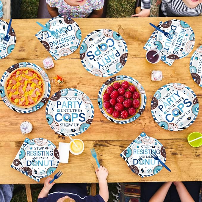 96Pcs Police Party Decorations Donut Party Plates and Napkins Sheriff Tableware for Police Birthday Retirement Decorations