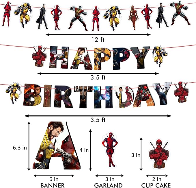 Dedpol Theme Birthday Party Supplies – Bold and Hilarious Comic-Inspired Party Decorations Set with Banner, Cupcake Toppers, Wrappers, Cake Topper – Funny Action Hero Style for Boys, Teens & Adults