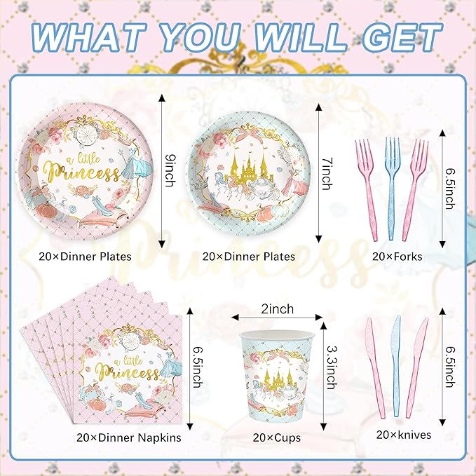 120 Princess Birthday Party Decorations, Princess Castle Plate and Napkins Set, Fairy Tale Princess Party Supplies for Girls' Birthdays, Suitable for 20 Guests