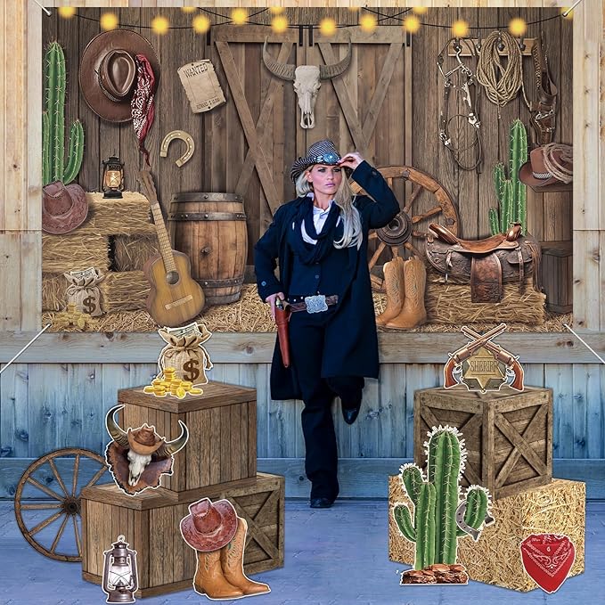 15 Pcs Western Cowboy Party Decorations Rustic Wooden House Barn Backdrop Wild West Hay Bales Boxes Trunk or Treat Car Decor for Halloween Farm Fall Harvest Thanksgiving Rodeo Birthday Party Supplies