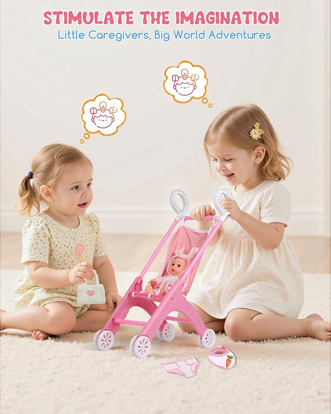 Baby Doll Stroller Set with 2 Doll Outfits, Toy Baby Stroller for Dolls with Diaper, Bib & Mini Bag, Imaginative Role-Play Gift for Toddlers 2+
