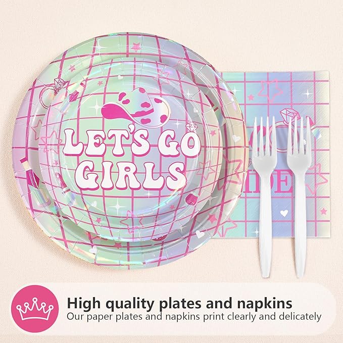 96Pcs Last Disco Bachelorette Party Decorations Disco Ball Bachelorette Plates and Napkins Set Lets Go Girls Bride to Be Decoration for Disco Bridal Shower Wedding Engagement Party Supplies Serves 24