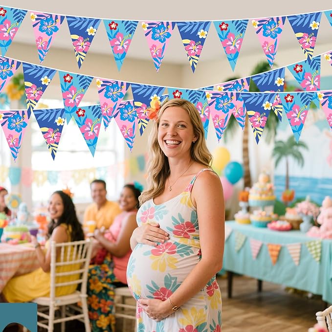 Pasimy 5 Pcs Cartoon Hawaiian Party Decorations Pink Blue Hawaiian Hibiscus Pennant Banners Flower Bunting Pre-Strung Paper Triangle Flags for Cartoon Tropical Luau Birthday Baby Shower Party Supplies