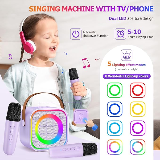 Mini Karaoke Machine with 2 Wireless Microphone, Portable Purple Bluetooth Speaker for Kids, Birthday Teen Toys Gifts Ideas for Girls Ages 4, 5, 6, 7, 8, 9, 10, 12+ Year Old, Family Home Party