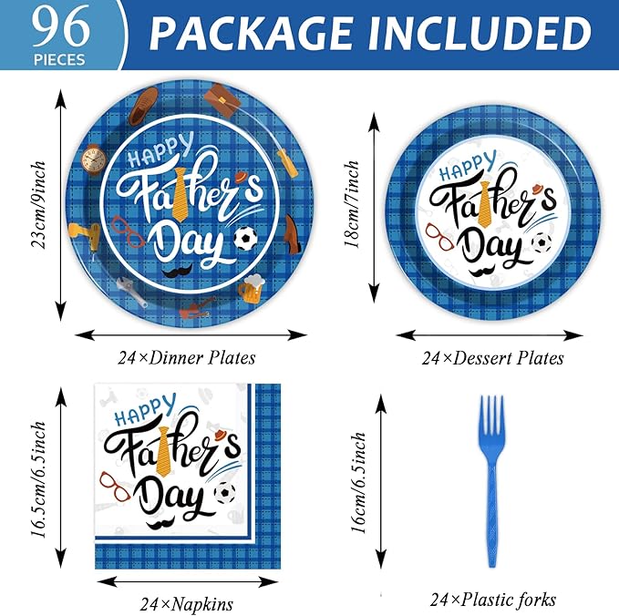 Wiooffen 96 Pieces Happy Father's Day Party Decorations Fathers Day Plates And Napkins Tableware Set Blue Fathers Day Celebration Supplies Best Dad Party Decorations Serve 24 Guests