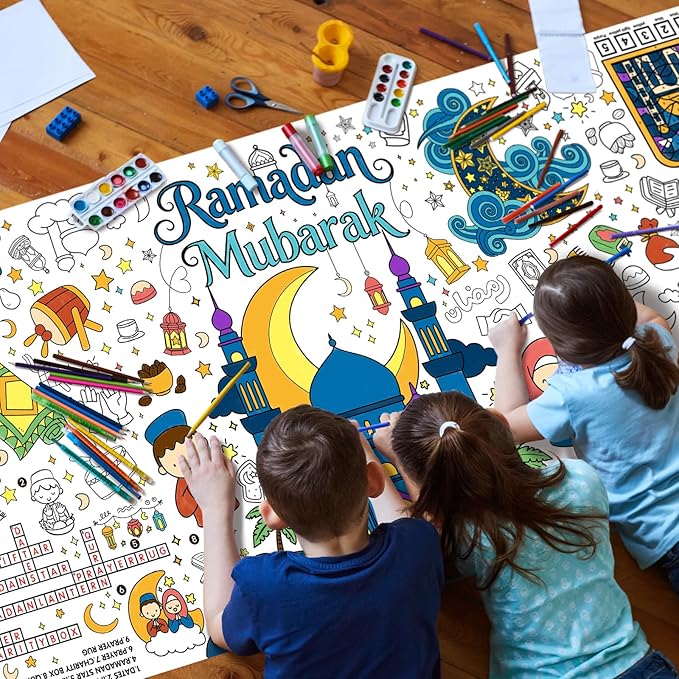 Gatherfun Ramadan Activity Poster & Home Decor - 31.5 x 72 Coloring Banner/Table Cover for Eid Mubarak Decoration, for School Parties & Ramadan Decoration