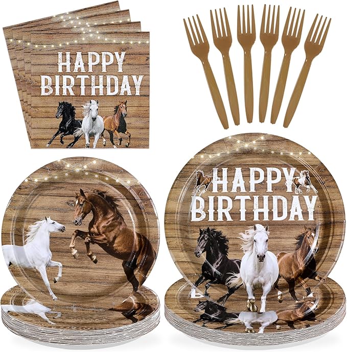 96Pcs Horse Birthday Decorations Racing Horse Plates and Napkins White Brown Black Horses Birthday Decorations Favors for Cowboys Cowgirls Western Theme Bday Baby Shower Party Supplies Serves 24